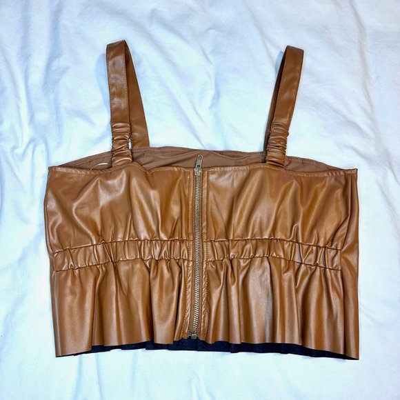 Brown Faux Leather Set the Scene Pleated Crop Tank Top - Picture 6 of 16